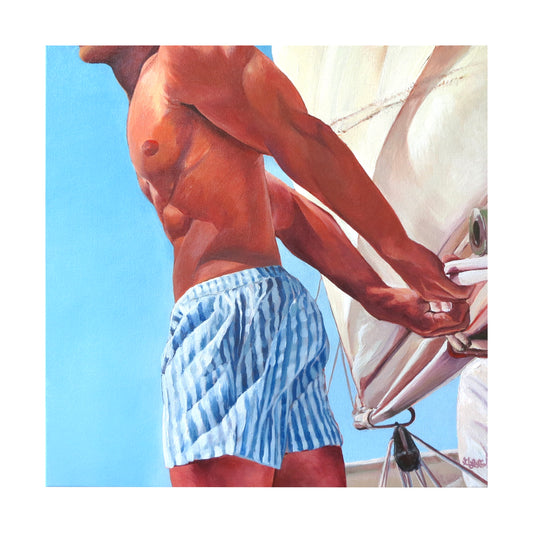 A square art print depicting a painted scene of a shirtless man in blue and white striped swim trunks holding onto a white sailboat line against a bright blue sky.